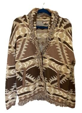 Faherty Brown/Tan/Cream Cardigan Cotton with Toggles, Fringe, & Pockets Sz Med